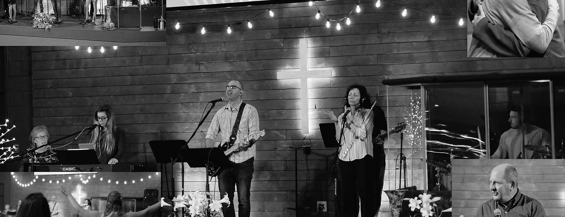 Worship collage highlighting church life and prayer