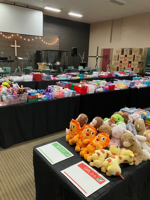 Toys and family support items arranged for outreach